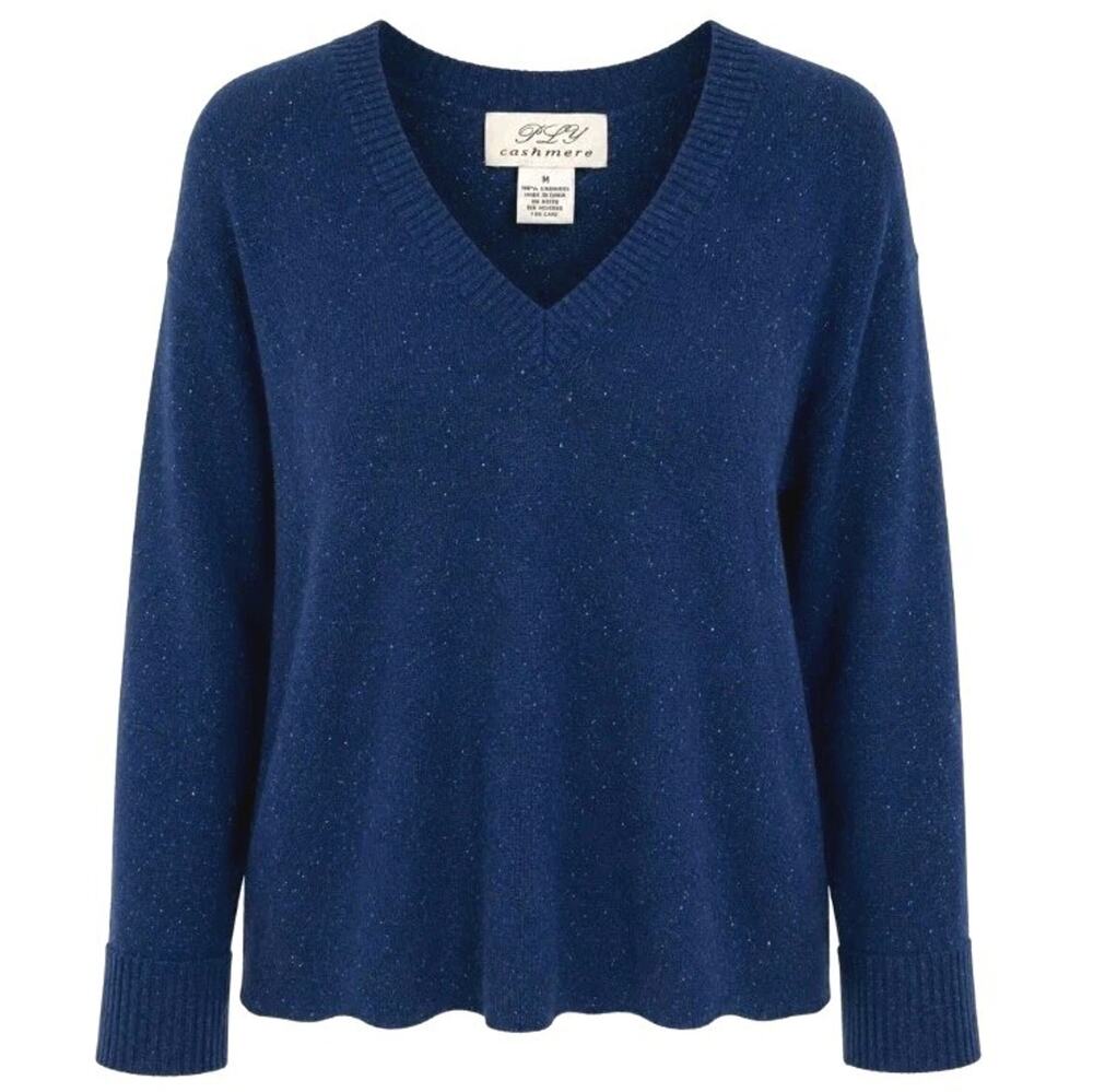 PLY 100% Cashmere Sweater Women's Medium Blue Speckled V-Neck Knit Classic
